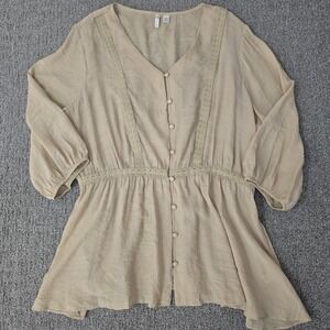 Cato Beige Peplum Blouse 18/20W Lace Trim Button‎ Front Cottagecore Festival Top